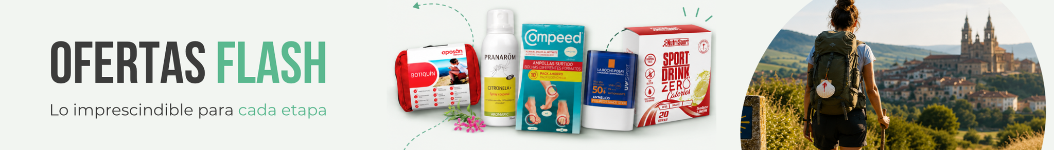 Banner de ofertas flash con productos imprescindibles para el Camino de Santiago: botiquín de viaje, repelente de mosquitos, apósitos Compeed, protección solar y bebida con electrolitos. Diseño en tonos verdes con imagen de peregrina caminando y mensaje “