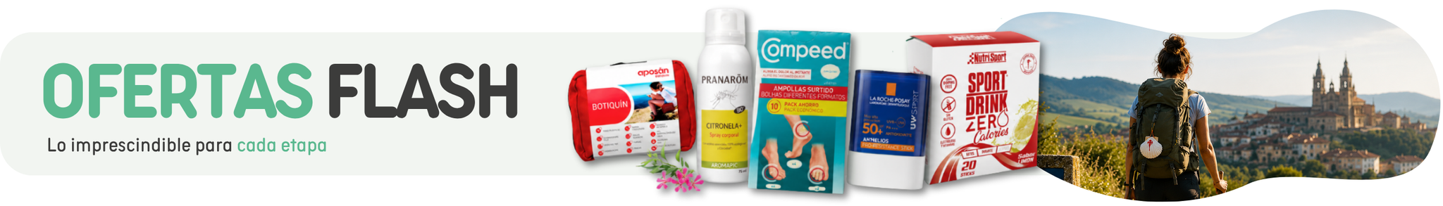 Banner de ofertas flash con productos imprescindibles para el Camino de Santiago: botiquín de viaje, repelente de mosquitos, apósitos Compeed, protección solar y bebida con electrolitos. Diseño en tonos verdes con imagen de peregrina caminando y mensaje “