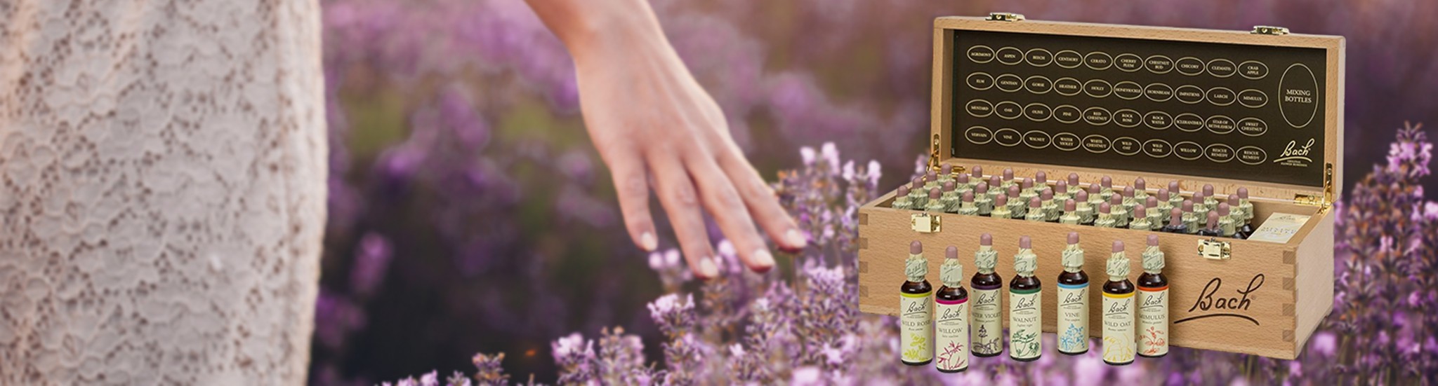 envases de flores de bach en una caja de madera, fondo de flores