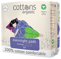 Cottons Organic Overnight Pads with Wings Compresas de Noche 10u