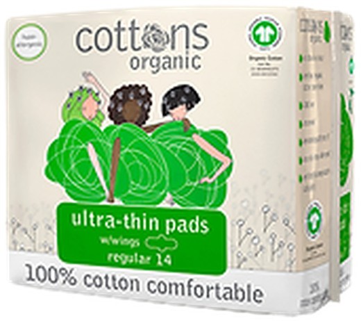 Cottons Organic Ultra Thin Regular Pads with Wings Compresa con Alas 14u