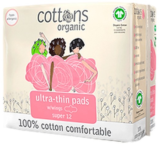 Cottons Organic Ultra Thin Super Compresas con Alas 100% Algodón 12u