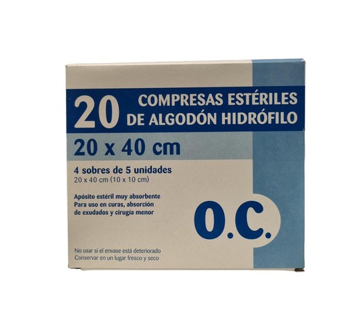 O.C Gasa Esteril Algodon Hidrofilo Compresas 20 x 40 cm (4 sobres de 5 Unidades)