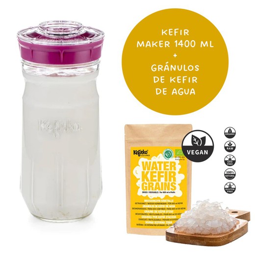 Kefirko Kefir Maker Fermenteur de kéfir 1400 ml + Nodules de kéfir d'eau bio déshydratée (5 gr)