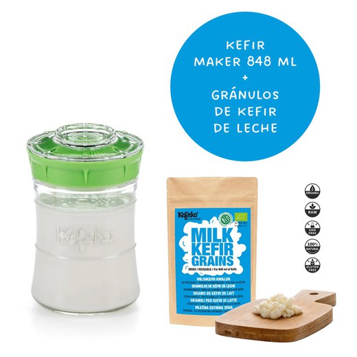 Kefirko Kefir Maker Fermentador de Kefir 848 ml + Nodulos deshidratados de Kefir de Leche Ecologicos (1 gr)