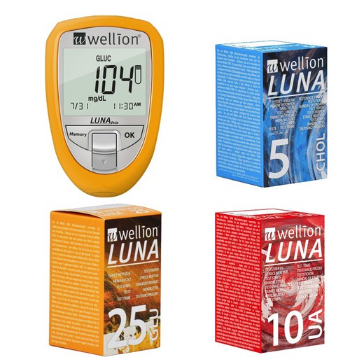 PACK Wellion Luna Meter + 5 Cholesterol Strips + 25 Glucose Strips + 10 Uric Acid