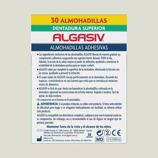 Almofadas adesivas superiores Algasiv para dentaduras