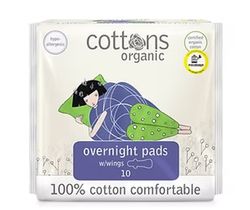 Cottons Organic Overnight Pads with Wings Compresas de Noche con Alas 10u