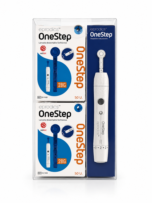 Eprodics Pack Dispositivo de Punción OneStep + 100 Lancetas Desechables SoftSense 28G