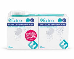 Farline Pack Limpieza Prótesis Dentales Pastillas 2x32 Pastillas + Cepillo