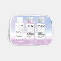Nécessaire de viagem Lovren com gel, shampoo e condicionador.