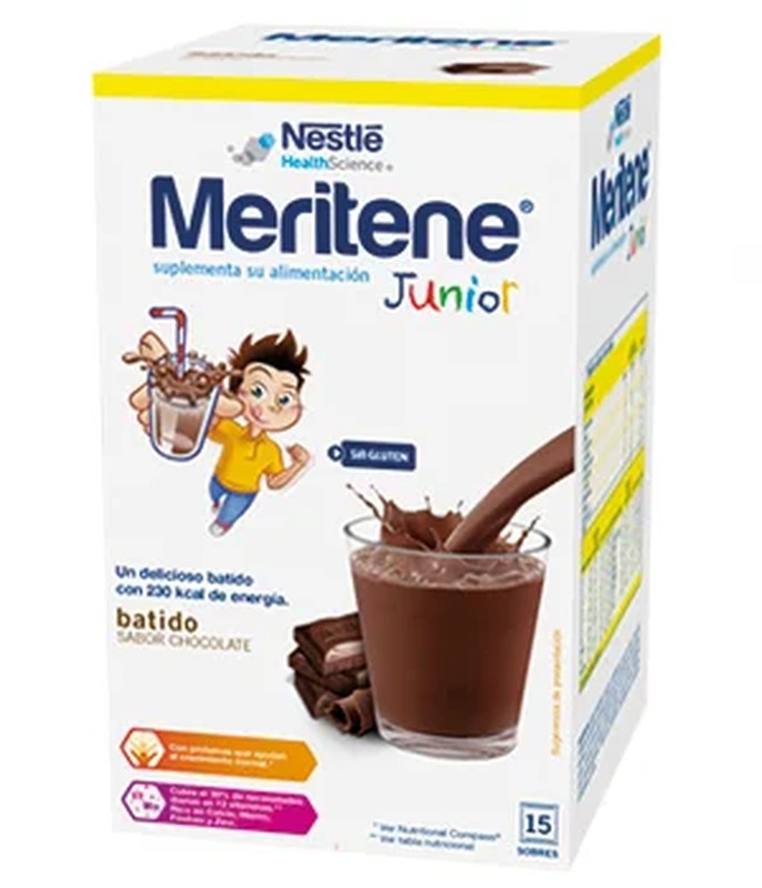 Meritene junior chocolate 15 sobres, complemento nutrición infantil.