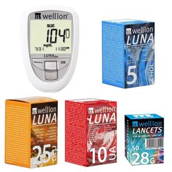 PACK Wellion Luna Medidor + 5 Tiras Colesterol + 25 Tiras Glucosa + 10 Ácido Úrico + Wellion Lancetas 28G 0,37 mm 50 Lancetas