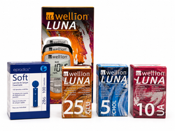 PACK Wellion Luna Medidor + 5 Tiras Colesterol + 25 Tiras Glucosa + 10 Ácido Úrico + Eprodics Lancetas 100 Lancetas