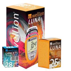 PACK Wellion Luna Medidor + Wellion Luna Glucosa 25 Tiras Reactivas + Wellion Lancetas 28G 0,37 mm 50 Lancetas