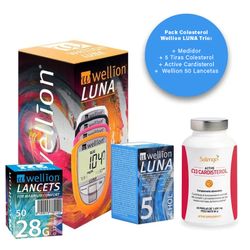 Pack Colesterol Wellion LUNA Trio: Medidor + 50 Lancetas + 5 Tiras + Active Cardisterol 60 Cápsulas