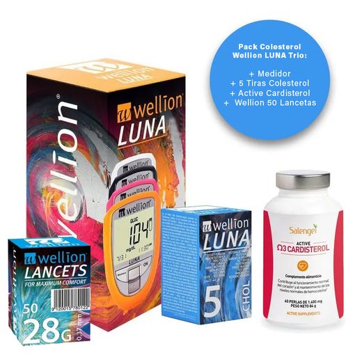 Pack Colesterol Wellion LUNA Trio: Medidor + 50 Lancetas + 5 Tiras + Active Cardisterol 60 Cápsulas