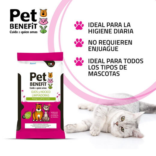 Pet Benefit Toallitas Limpiadoras de Ojos, Hocico y Orejas para Perros y Gatos 20 Unidades