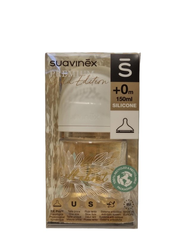 Suavinex Biberón de 150 ml Gold Edition Con Tetina Fisiológica Sx Pro  Silicona + 0 meses BEIGE