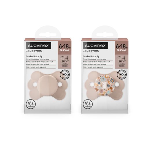 Chupeta fisiológica Suavinex em formato de borboleta para bebês de 6 a 18 meses.