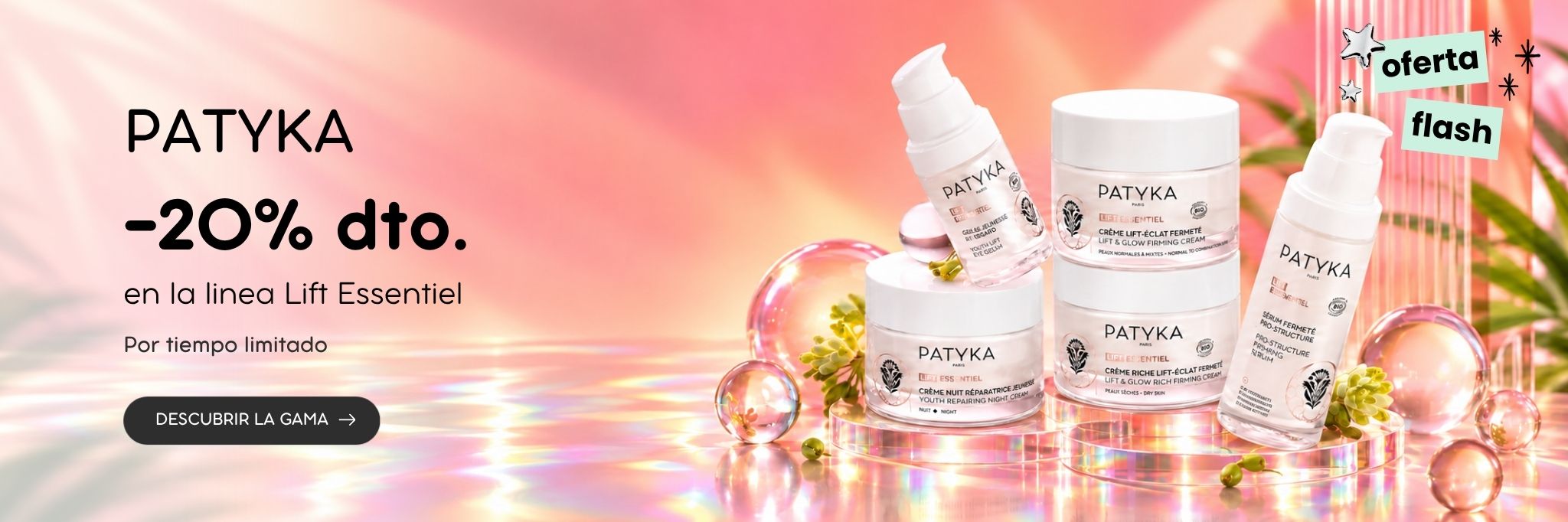 Banner promocional de Patyka con un 20% de descuento en la línea Lift Essentiel por tiempo limitado.