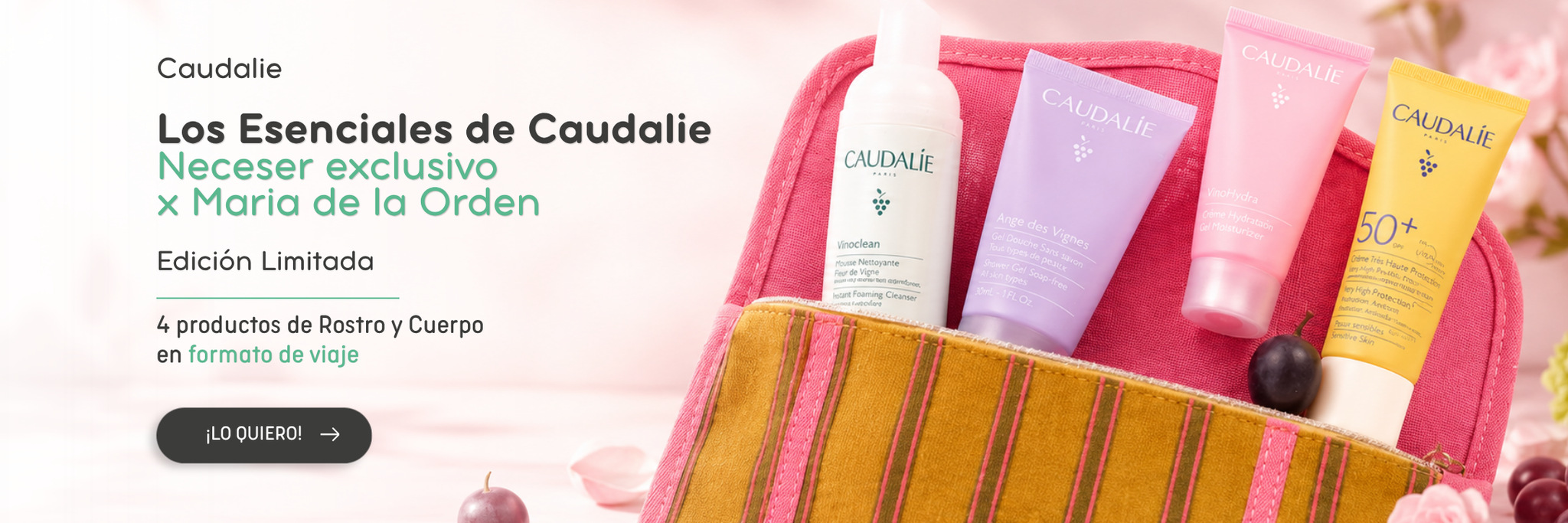 Neceser exclusivo Los Esenciales de Caudalie x Maria de la Orden con 4 productos de rostro y cuerpo en formato de viaje.