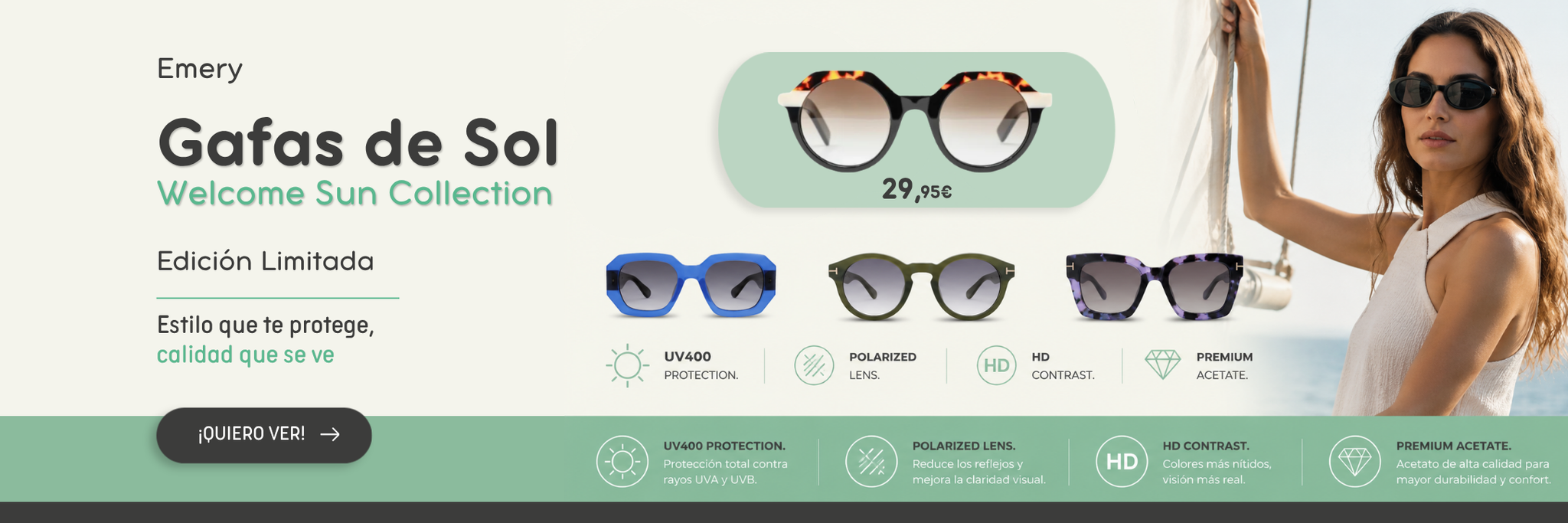 Gafas de sol Emery Welcome Sun Collection de edición limitada con protección UV400, lentes polarizadas y diseño premium.